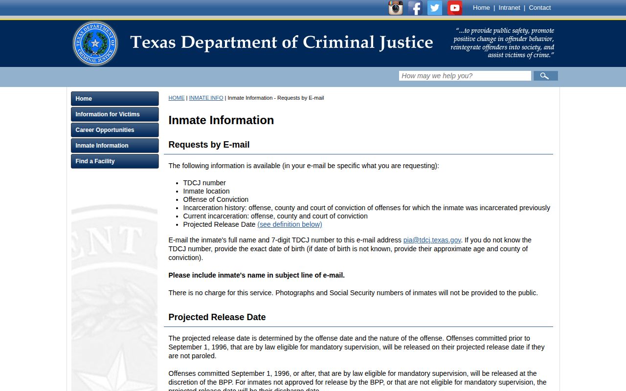 TDCJ offender information page describing projected release information and request instructions