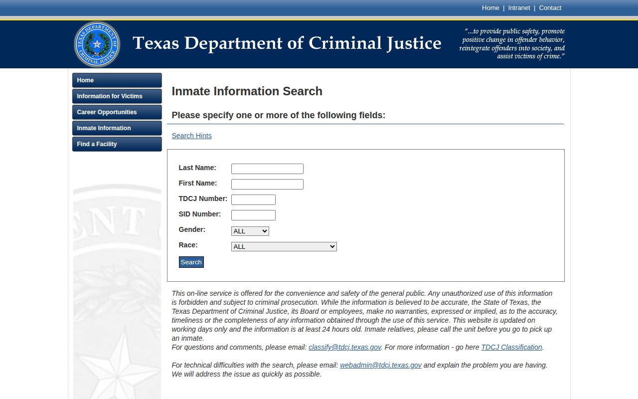 TDCJ search fields for Swisher County released state inmates