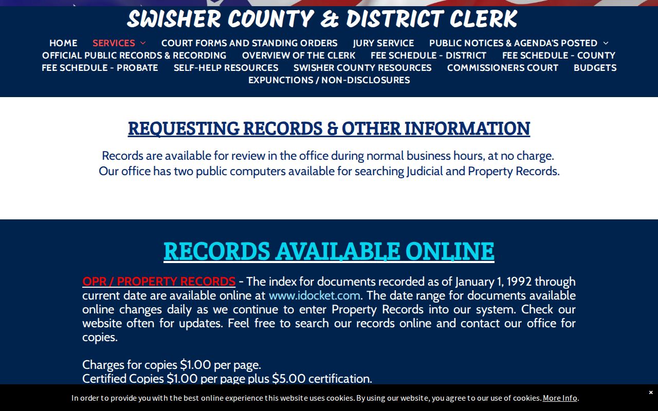 Swisher County released inmate judicial record request and iDocket