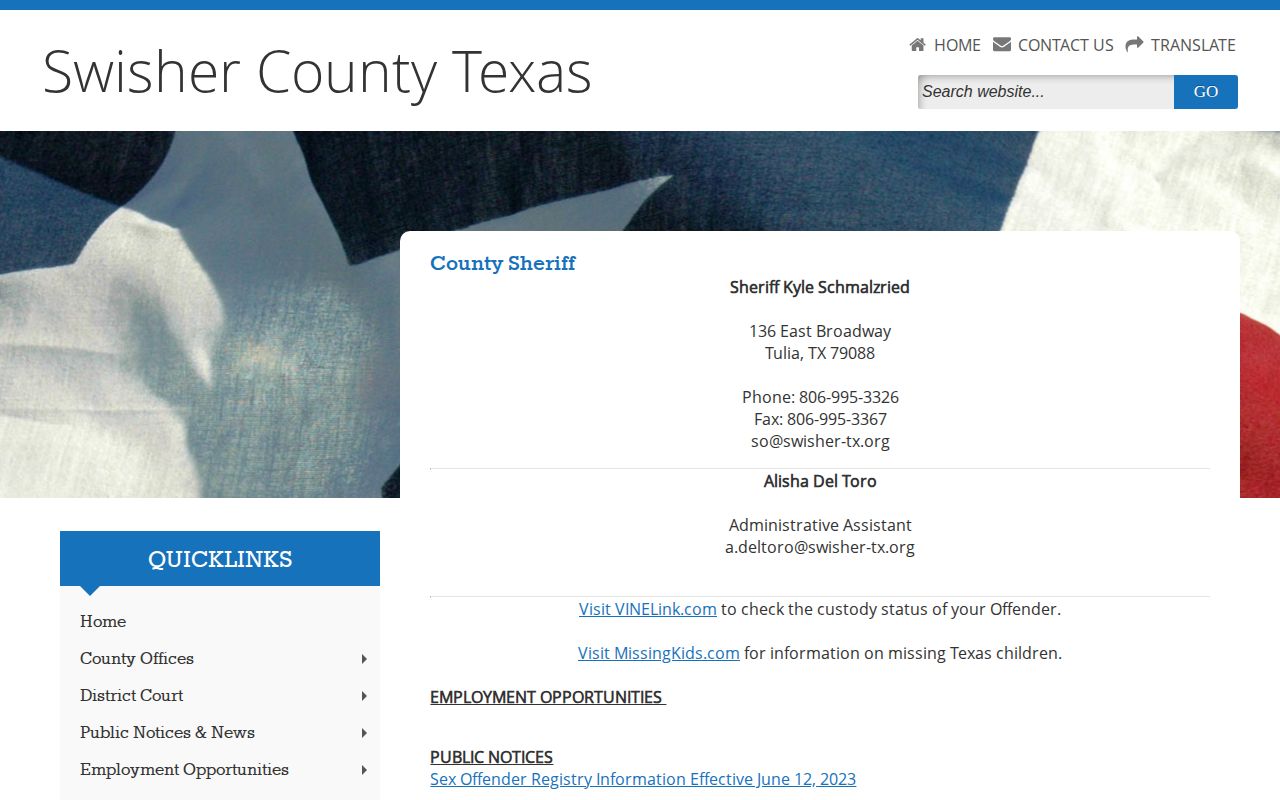 Swisher County Sheriff release record contact page